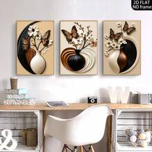 3-Piece Frameless Modern Minimalist Vase & Floral Wall Art Print Canvas Decor, Abstract Geometric Butterfly & Floral Frameless Poster, Home Decor Neutral Earth Tone Wall Art, Holiday Decoration Gift - Beige - View 4