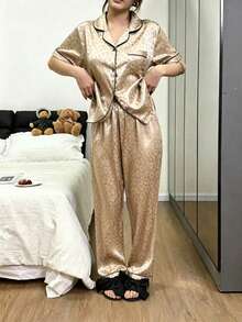 Dreamivo Short Sleeve & Long Pants Jacquard Leopard Print Premium Loungewear Set - Camel - View 3