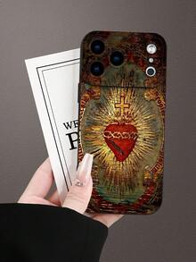 1pc 2D Printed Sacred Heart Cross Pattern Phone Case, Matte Black Frosted Anti-Fingerprint Stain-Resistant TPU Soft Shell, Raised Full Lens Protection, Shockproof Anti-Drop, Dustproof Waterproof, Classic Minimalist Premium Feel, Atmospheric, Ins Style, Retro, Compatible With Iphone All Series, Galaxy Series, Perfect Gift For Friends, Family, Couples, Yourself, Birthday, Holiday - Black - View 7