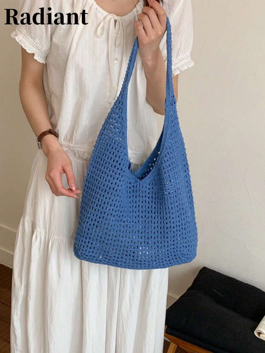 夏季新款海灘度假風休閒時尚女款草編編織托特包，大容量單肩購物手提包