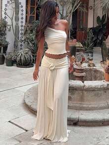 Elio Closet Women's Elegant Solid Color Fitted Summer Two Pieces Set, Minimalist Versatile Cropped Asymmetric Neck Sleeveless Top, Cinched Waist Ruched A-Line Maxi Skirt, Suitable For Beach Vacation, Work Commute, Festivals, Graduation Ceremony - Apricot - View 5