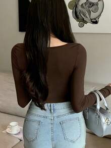 Women's Knitted Long Sleeve Asymmetric Neckline Top, Ruched Chest Design, Regular Length Medium Stretch T-Shirt, Suitable For Autumn Wear Casual - Coffee - View 3