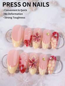 24片長杏仁形3D凝膠美甲貼片，花卉珍珠裝飾設計，夏季海洋風法式漸層指尖設計，含1片果凍膠與1片指甲锉 - 彩色 - 查看 2