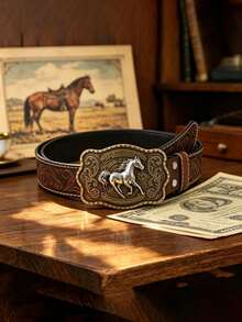1pc Western Style Vintage Distressed Brown Leather Belt, Floral Embossed PU Leather Belt, Unisex, Suitable For Any Occasion - Multicolor - View 11