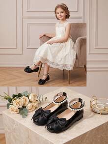 1 Pair Girls' Shiny Black Mary Jane Flat Shoes, Bow Pearl Buckle Ankle Strap Round Toe Princess Wedding Party Formal Shoes, Children's Fashion Elegant Shoes - Black - View 7
