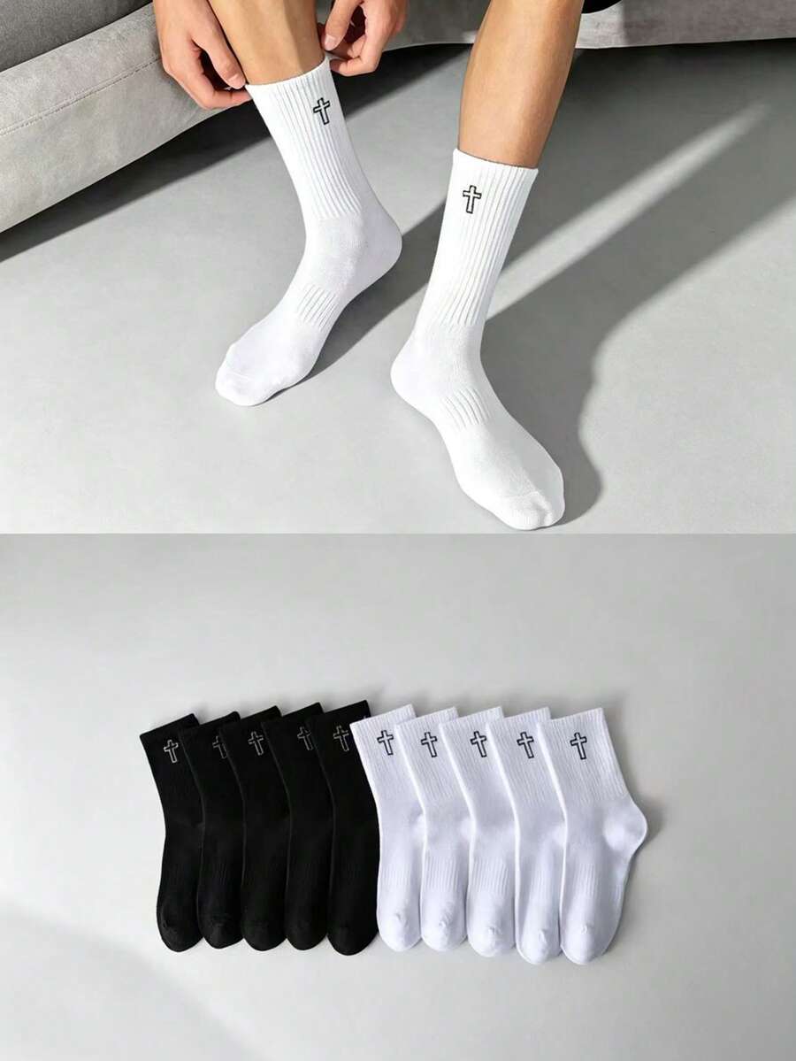 5/10 Pairs Unisex Simple Black & White Cross Mid-Calf Socks, Solid Color Versatile, Minimalist Daily Wear, Suitable For Everyday Use - Black and White - View 1