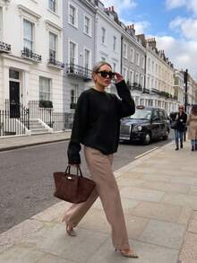 Sweater Pullover Gaya Lembut dan Santai Eropa & Amerika untuk Wanita, Musim Gugur/Dingin, Potongan Longgar, Serbaguna, Atasan Rajut Leher Bulat - Hitam - View 3