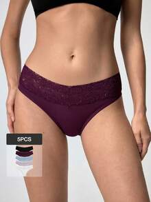 Loungeista 5pcs/Pack Random Color Lace Waist Women's Comfortable Minimalist Briefs - Multicolor - View 1