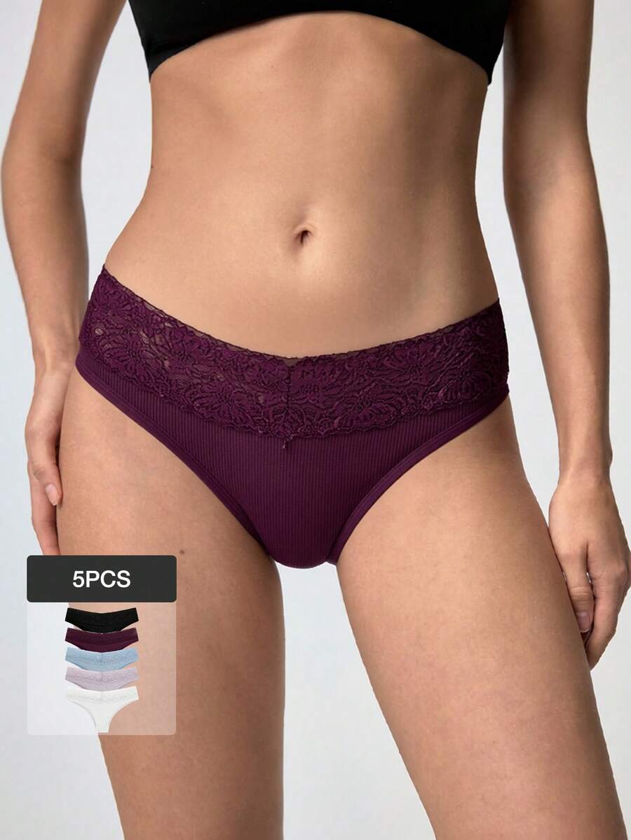 Loungeista 5pcs/Pack Random Color Lace Waist Women's Comfortable Minimalist Briefs - Multicolor - View 1