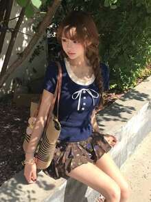 新品修身對比色 2 合 1 甜美短袖 T-shirt 上衣 休閒夏季款 - 藏蓝色 - 查看 8