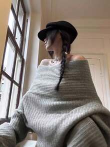 2pcs/Set Women's Off-Shoulder Pullover Loose Slouchy Long Sleeve Korean Sweater & High Waist Straight Leg Shorts, Autumn/Winter - Grey - View 3