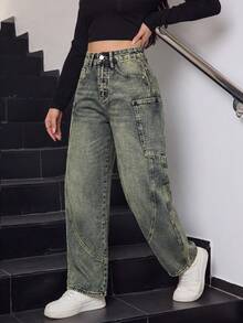 Celana Jeans Wanita Kasual Model Lurus dengan Warna Pudar, Celana Panjang Longgar Gaya Vintage Tidak Melar, Cocok untuk Dipakai di Musim Gugur - Dusty Blue - View 5