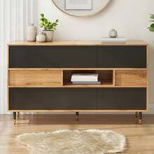 Sideboard With Shelves, Living Room Cabinet, Kitchen Cabinet, Black And Natural Wood Combination - Black and Natural - View 1