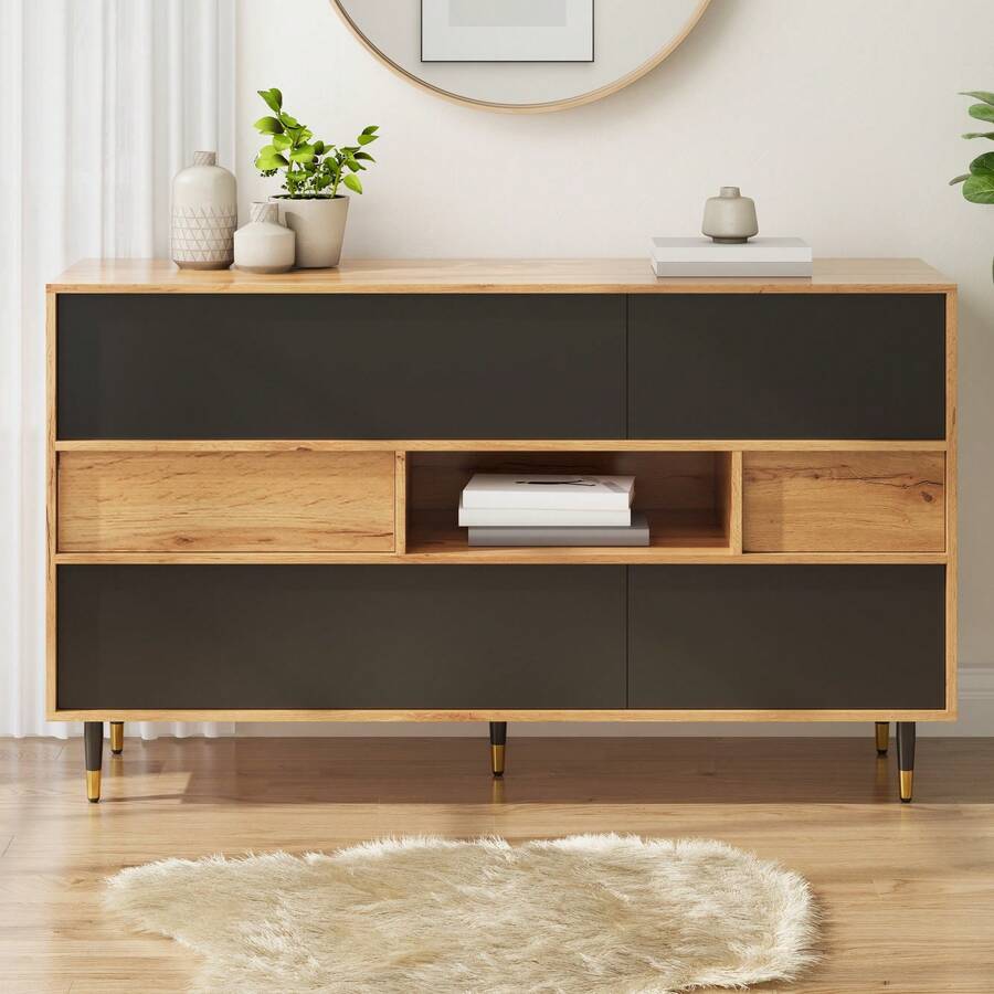 Sideboard With Shelves, Living Room Cabinet, Kitchen Cabinet, Black And Natural Wood Combination - Black and Natural - View 1