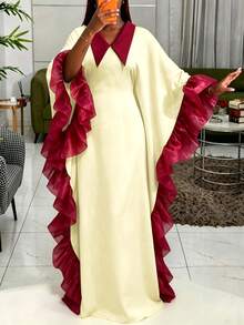 Gaun Bubu Afrika Sederhana dengan Blok Warna, Potongan Longgar, Lengan Kelelawar Samping Berkerut, dan Detail Tarikan, Gaun Maxi Elegan untuk Acara Formal Gereja, Warna Kuning Musim Gugur - Kuning - View 2