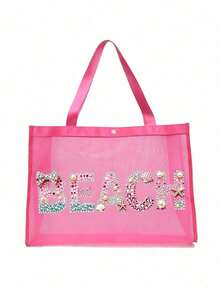 Bolsa de playa de malla con patrón de letras de strass, bolsa de maquillaje transparente portátil estilo hawaiano, bolsa de almacenamiento de lápiz labial, polvo, cuidado de la piel y artículos de tocador, esencial multifuncional para viajes, cruceros y dormitorios, bolsa de playa ligera de verano para mujeres, regalo ideal para bodas, damas de honor, Día de la Madre y cumpleaños para amigos, familia y maestros, bolsa de almacenamiento para joyas, esmalte de uñas y brillo labial en el hogar, baño y dormitorio - Multicolor - Ver 13
