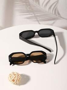 2 PCS Women's Retro Polygon Geometric Fashion Glasses Lightweight Frame Polycarbonate Material Solid Color Lenses For Vacation Outing With Glasses Box - Multicolor - View 4