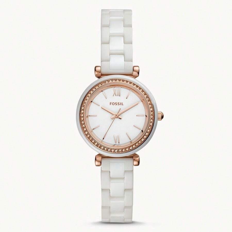 Fossil Women White Ceramic Rose Gold Crystal Watch Roman Dial Waterproof Quartz Elegant Daily Gift Wristwatch - one-size - View 1