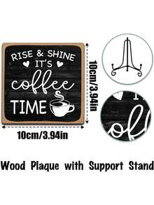 1pc Farmhouse Style Coffee Bar Decor Sign, Rise & Shine It's Coffee Time, 4"X4" Wooden Plaque With Stand, Home Kitchen Desktop Decoration Gift - Multicolor - View 5