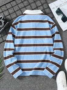 1pc Girls' Preppy Striped Knit Top, Spring/Autumn Contrast Color Lapel Button Half-Placket Long Sleeve - Multicolor - View 3