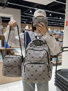 3件組背包套裝，大背包 + 斜挎包 + 硬幣包，蝴蝶結圖案，柔軟布料，可調節肩帶，大容量校園日常通勤學生包 - 灰色 - 查看 4