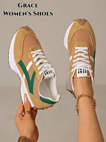2026 New Women's Thick Sole Sneakers, Lace-Up Casual Platform Shoes, Flat Platform, Breathable Patchwork, Spring/Summer, Height Increasing - Ginger - View 2