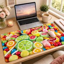 Vibrant Fruit Candy Close-Up Large Desk Mat, Colorful Lollipop Dessert Print Non-Slip Rubber Extended Mouse Pad, Waterproof Keyboard Pad, Dressing Table Bedroom Decor - View 2