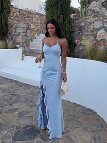New Light Blue Halter Heart Neckline Fitted Ruched Ruffle High Slit Maxi Dress, Suitable For Beach Vacation, Wedding Guest And Cocktail Party - Baby Blue - View 8