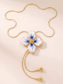 1pc New Creative Summer Floral Minimalist Oil Drop Print Anti-Blue Porcelain Pattern Fashion Elegant Elegant Long Y-Shaped Four-Petal Flower European And American Minimalist Necklace, Suitable For Daily Wear, Travel, Party And Other Occasions - Golden - View 2