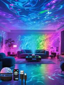 1个USB供电水波投影灯，RGB LED星空投影仪，带遥控器，亮度可调，多色氛围灯；适用于卧室、家庭影院、房间装饰、节日礼物、婚礼装饰、户外露营 - 水波紋 - 查看 2
