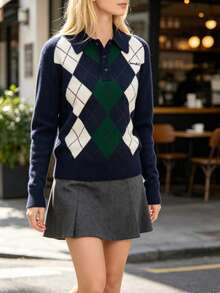 Women's Preppy Argyle Knit Polo Pullover Sweater, Long Sleeve, Medium Stretch, Suitable For Autumn/Winter Wear Vacation - Royal Blue - View 2