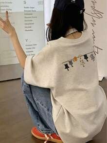 日系女款夏季寬鬆街頭時尚貓咪休閒可愛短袖T恤 - 淺花灰 - 查看 1