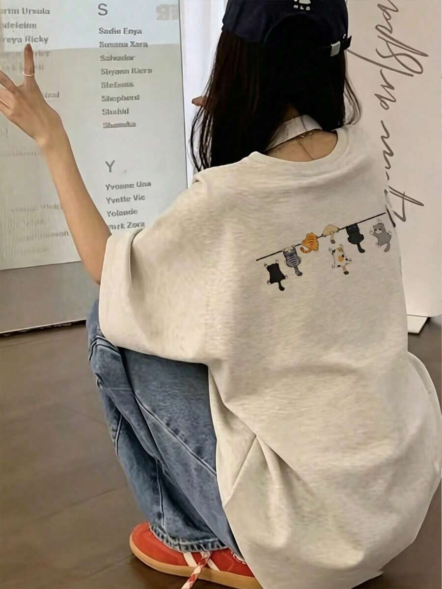 日系女款夏季寬鬆街頭時尚貓咪休閒可愛短袖T恤 - 淺花灰 - 查看 1