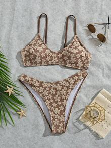 2026 Vintage Green Jacquard Bikini Set, Spaghetti Strap Top And Triangle Bottom, Summer Beach Vacation Swimwear Brown - Brown - View 2