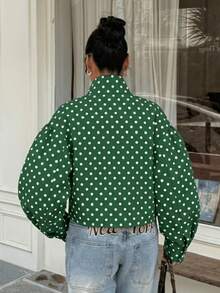 Women's Polka Dot Woven Fabric Button-Up Jacket, Casual Autumn Top - Green Polka Dots - View 4