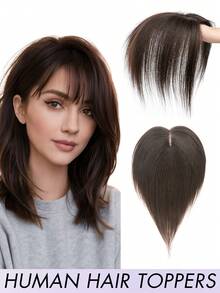 8-14 Inch Women's Bangs-Free Human Hair Topper, 360° Rotatable Upgraded Base With 3 Clips, Suitable For Thinning Hair, White Hair, Hair Loss, Adds Volume, Dark Brown Color - Dark Brown - View 2