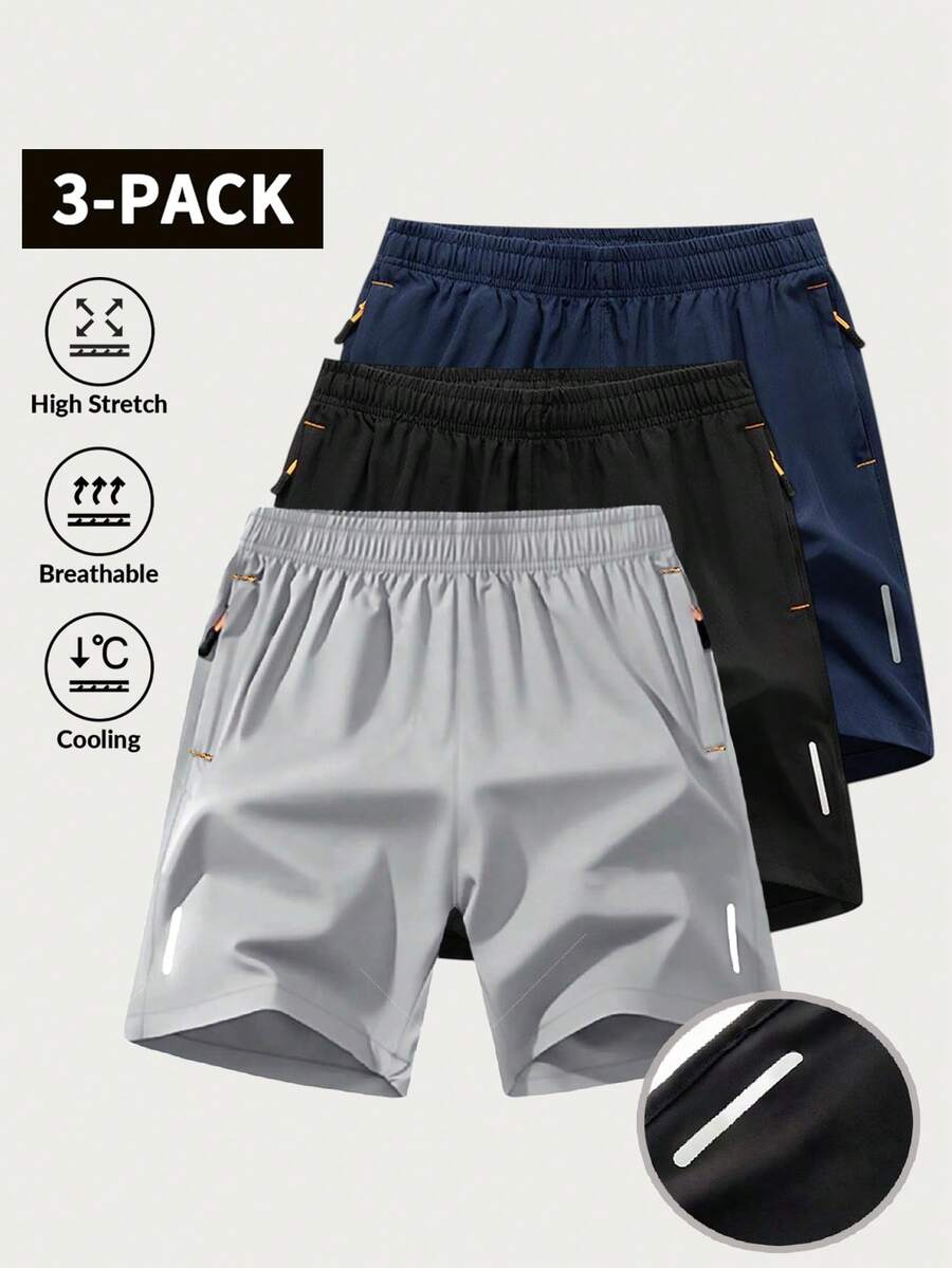 3pcs Men's Ice Silk Sports Shorts, Loose Straight Leg Design, Suitable For Casual Outdoor, Running Outfit, Lightweight Summer Pants - Multicolor - View 1