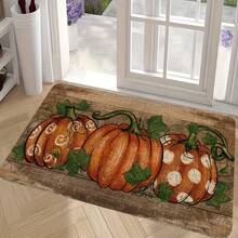 1pc Vintage Pumpkin Faux Linen Rectangular Rug, Country Pastoral Style, Welcome Mat, Outdoor Door Mat, Kitchen Rug, Home Decor, Front Door Mat, Garden Rug - Multicolor - View 2
