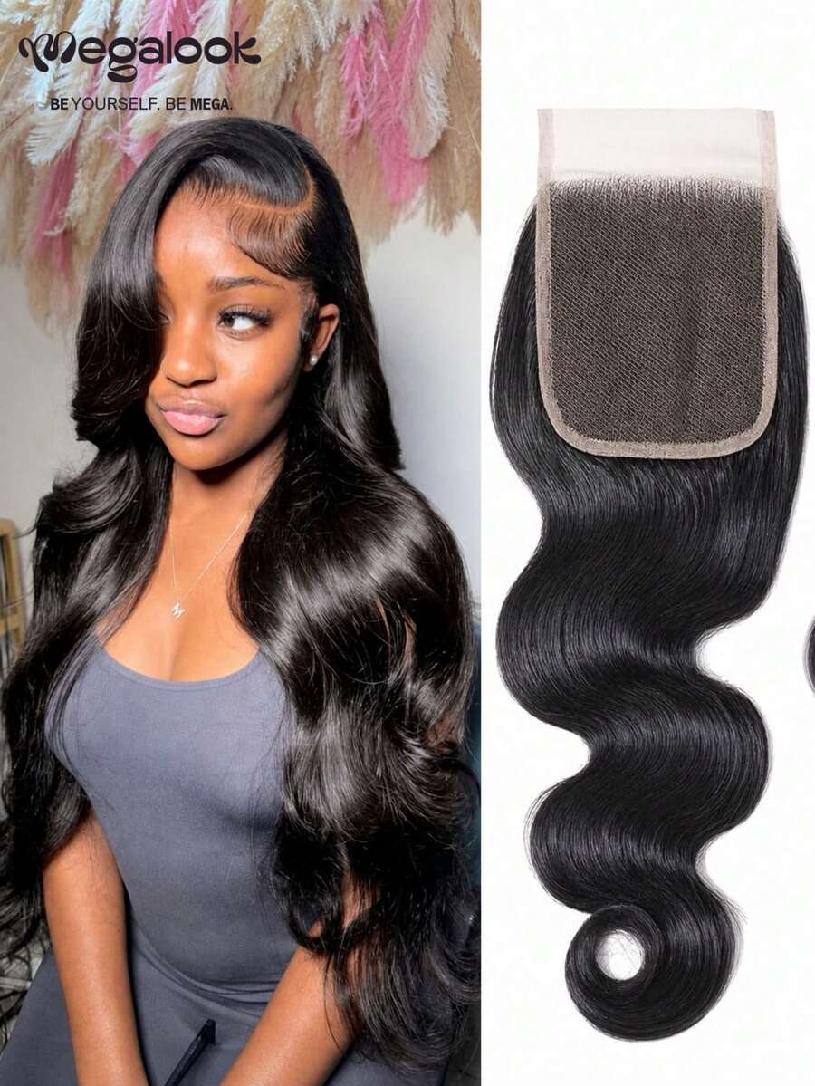 MEGALOOK Body Wave 4x4 Lace Frontal Brazilian 100% Human Hair Soft Lace Frontal 8-20 Inch Pre-Plucked Natural Color Versatile Fit For All Skin Tones For Women Daliy Wear - SNatural - View 1