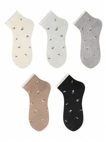 ZUJO 5 Pairs Women's Ditsy Floral Ruffle Trim Short Socks, Simple And Comfortable, Suitable For Year-Round Home And Travel, Random Colors - Multicolor - View 5