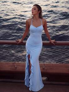 New Light Blue Halter Heart Neckline Fitted Ruched Ruffle High Slit Maxi Dress, Suitable For Beach Vacation, Wedding Guest And Cocktail Party - Baby Blue - View 7