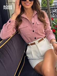 ROSIE POPHUB Women Pink Corduroy Lapel Long Sleeve Shirt Button Front Loose Blouse With Pockets Elegant Commute Daily Top For Fall & Winter - Pink - View 4