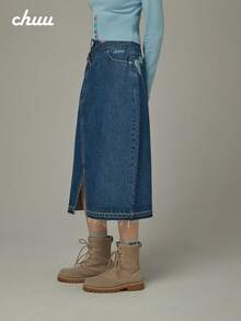 CHUU High Waist Heart Denim Skirt Women Autumn Embroidered Letter Slit A-Line Skirt - Blue - View 4