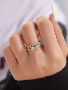 Juego de 5 anillos de cobre abiertos con circonita cúbica de moda, adecuado para mujeres, para bodas y fiestas (Caja de regalo no incluida) - Amarillo Oro - Ver 7