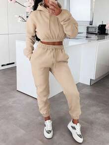 Casual Solid Color Drawstring Hoodie And Sweatpants Set Winter Elegant - Khaki - View 1