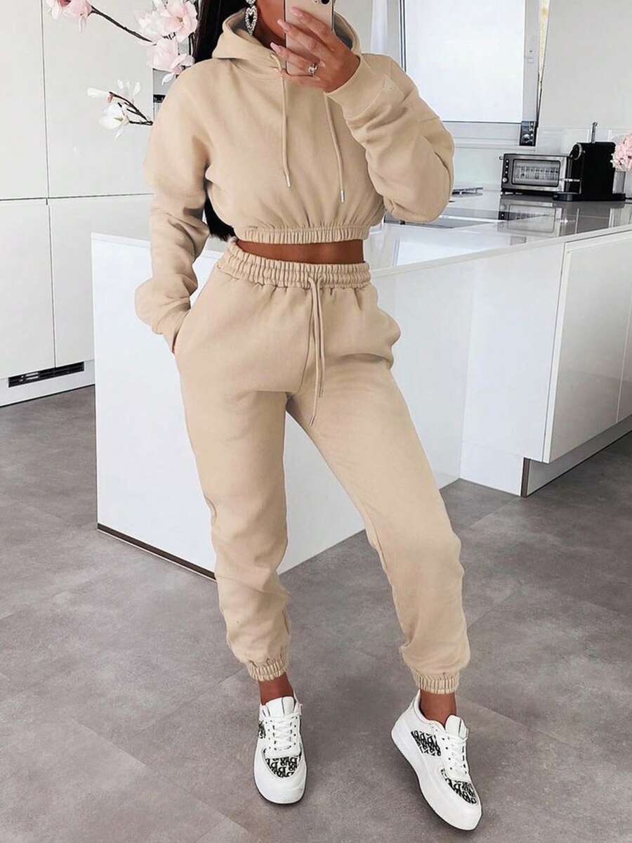 Casual Solid Color Drawstring Hoodie And Sweatpants Set Winter Elegant - Khaki - View 1