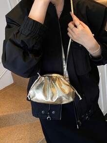 Women's Fashion Pleated Cloud Crossbody Bag, Casual Commute Minimalist Clasp Shoulder Phone Bag, PU Material - Gold - View 2