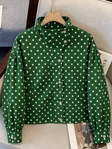 Women's Polka Dot Woven Fabric Button-Up Jacket, Casual Autumn Top - Green Polka Dots - View 5