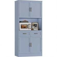 71" Tall Kitchen Pantry Storage Cabinet, Modern Kitchen Hutch Bar Cabinet With Microwave Stand, Wood Buffet Sideboard With Hutch, Cupboard Variant 1 - Light Blue + Bronze Handles - View 1