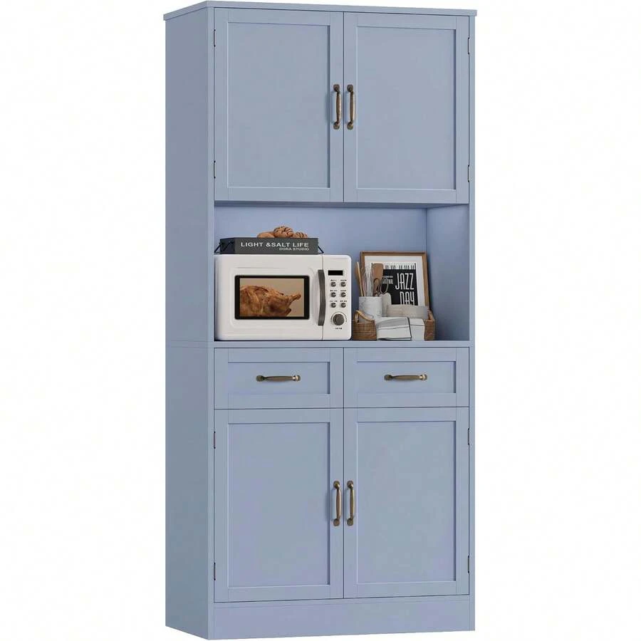 71" Tall Kitchen Pantry Storage Cabinet, Modern Kitchen Hutch Bar Cabinet With Microwave Stand, Wood Buffet Sideboard With Hutch, Cupboard Variant 1 - Light Blue + Bronze Handles - View 1